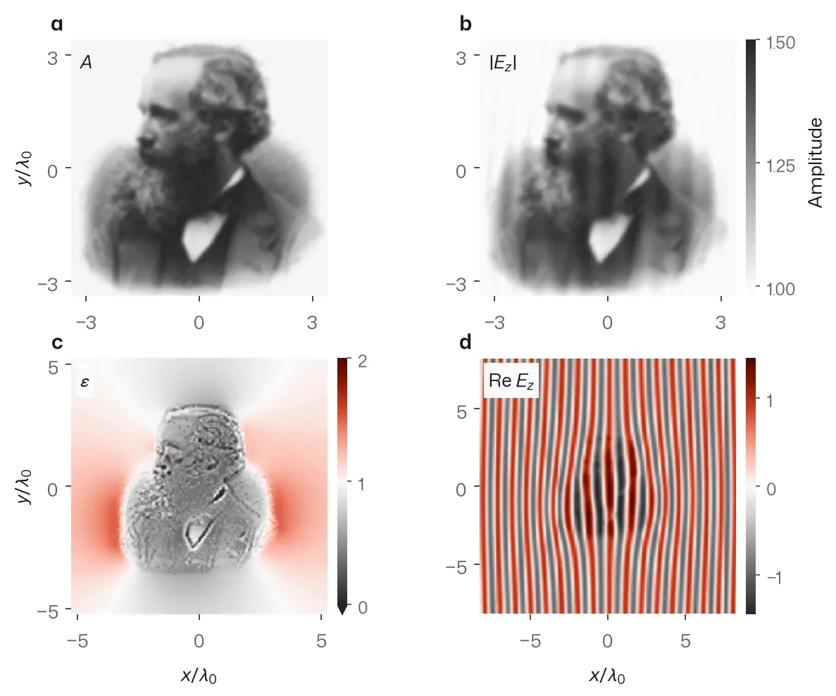 Four maps: two near-identical greyscale portraits of James Clerk Maxwell (target and computed field amplitude), the permittivity map that encodes the portrait, and vertical plane-wave fronts that bend inside the medium and come out straight