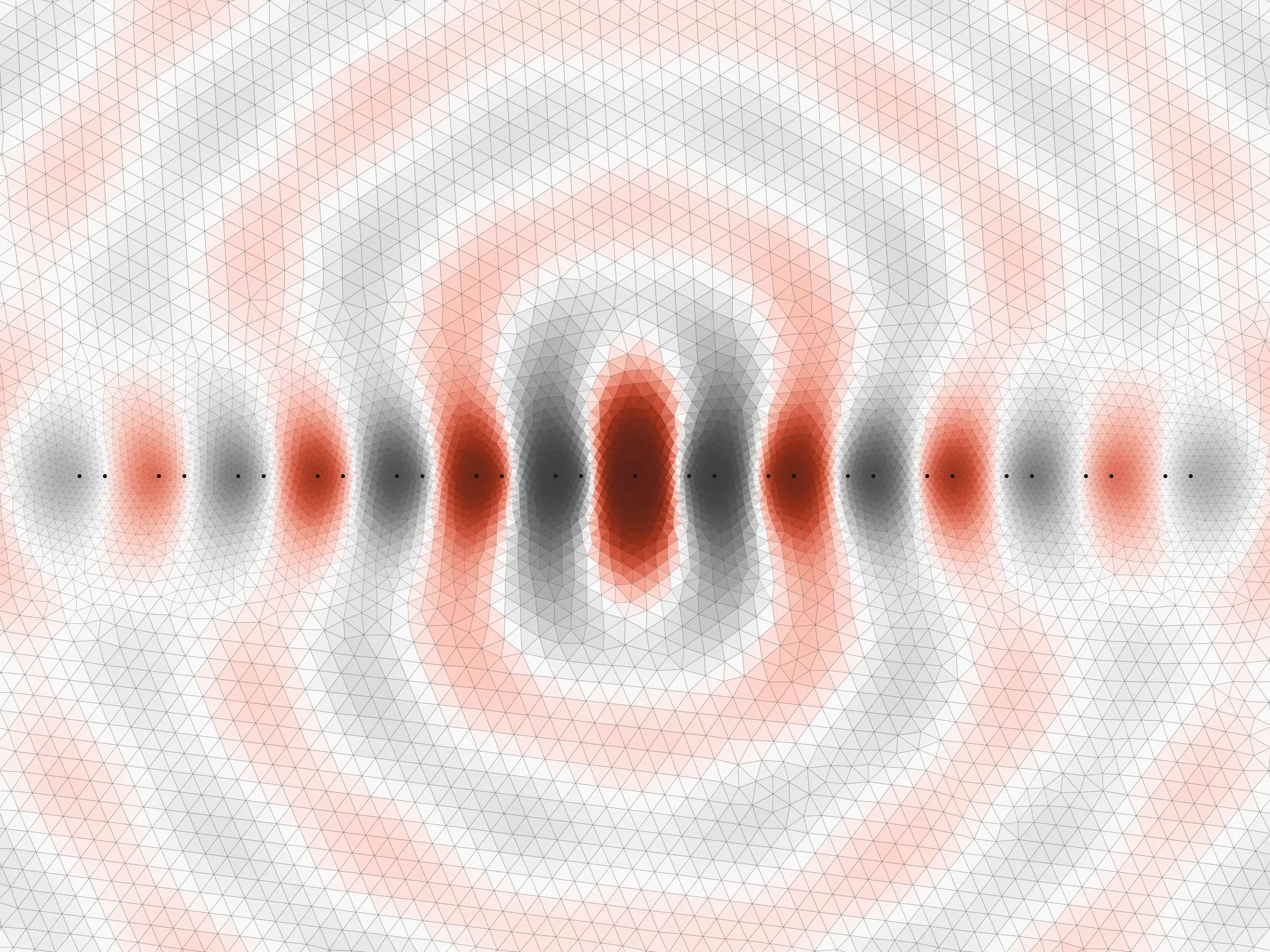 Interface quasinormal mode of a dimerized chain of 29 resonators on a thin elastic plate (ka = 2.473 − 0.005i, Q = 113): the domain wall at the center traps the vibration and the finite chain leaks it into the plate